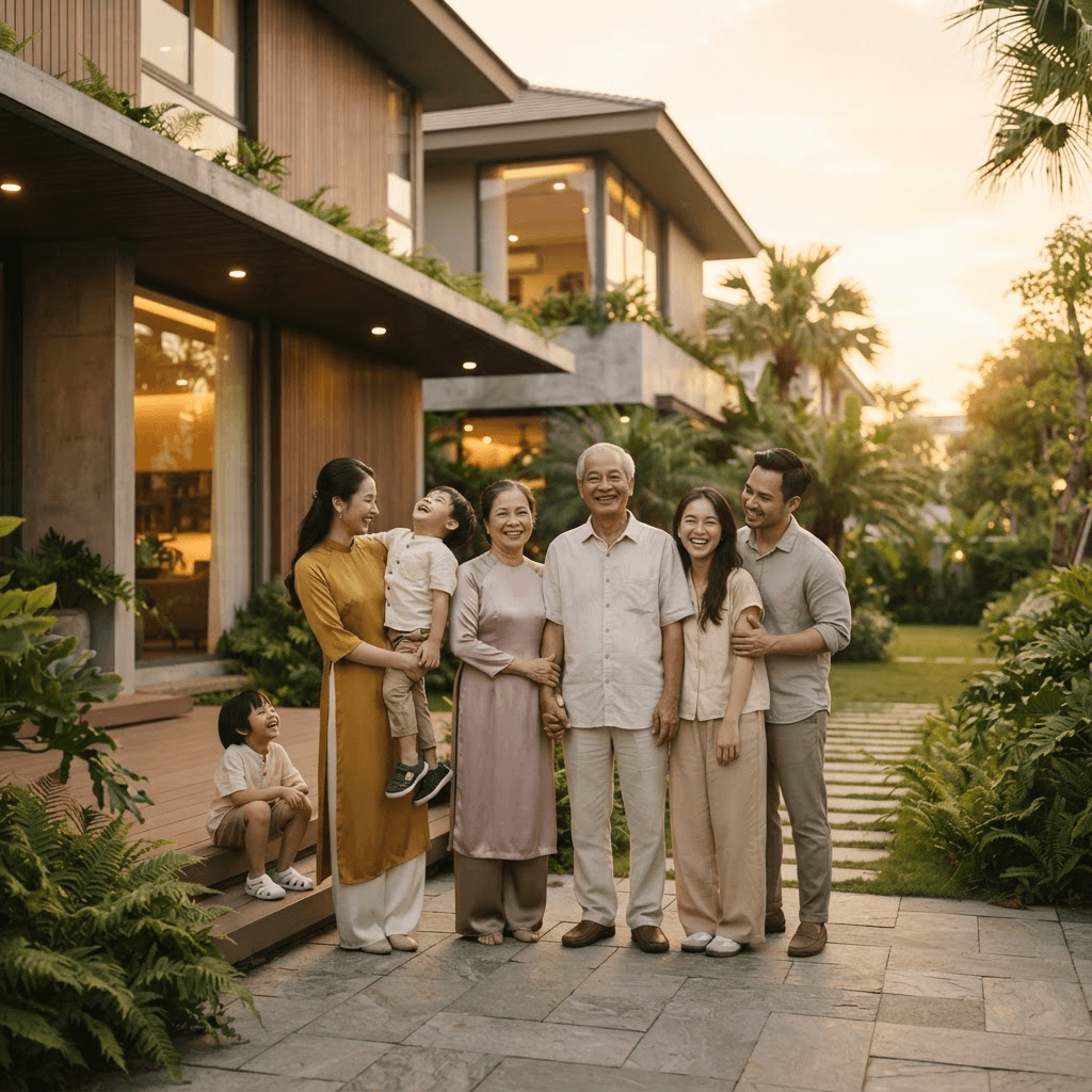 Gia đình hạnh phúc trước ngôi nhà của mình